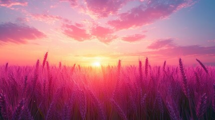 Pink wheat field sunset, idyllic, tranquil scene, photo stock use