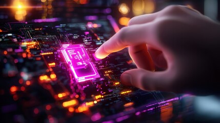 Hand Interacting With Glowing Pink Battery Icon On Futuristic Circuit Board