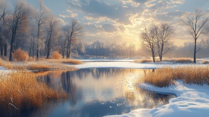 Fototapeta premium Winter Sunrise Over Frozen Lake