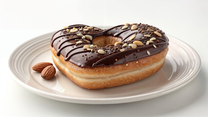Heart-shaped donut with chocolate icing on a white plate
