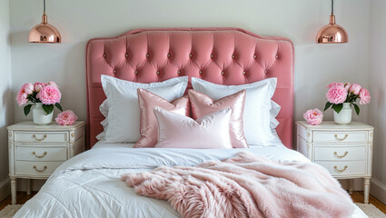 A chic and airy bedroom interior in a blush pink and white color scheme. The plush blush pink headboard contrasts beautifully with crisp white linens, rose gold-accented pillows