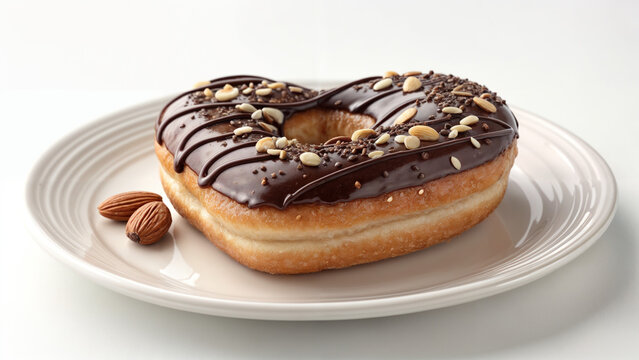 Heart-shaped donut with chocolate icing on a white plate