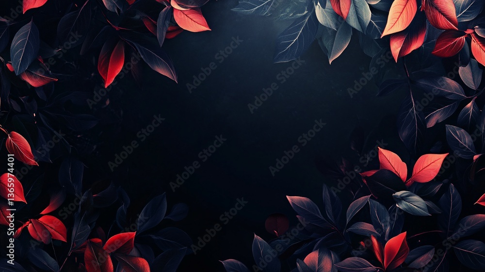 Poster Red and dark leaves creating a natural frame on a black background