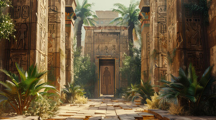 Abandoned Pharaonic temple ruins, with overgrown plants creeping through massive sandstone pillars, mysterious carvings, and faded murals.