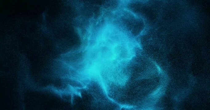 Glowing Particle Burst. Abstract fluid and pulsating effect on particles. Flowing forces on water or blue liquids. motion background. 4K loop, 3D render