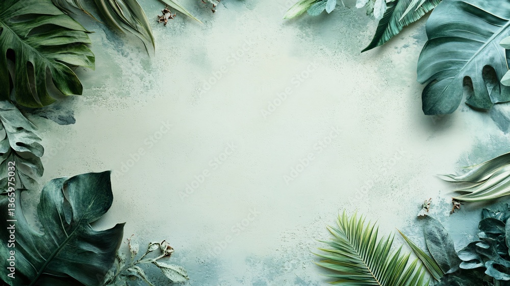 Poster tropical green leaves creating a frame on textured background