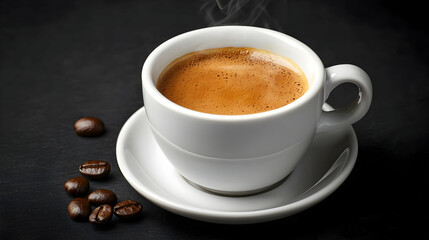 Fototapeta premium Hot Espresso In White Cup On Dark Background