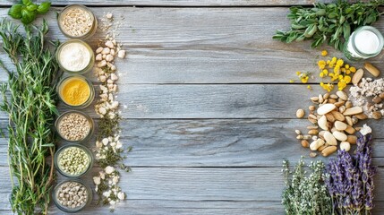 An Aesthetic Flat Lay of Various Dried Herbs, Spices, and Nuts on Rustic Wooden Background for Culinary Projects and Food Photography