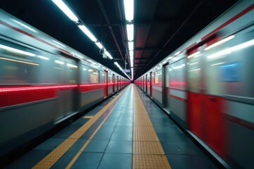 Obraz premium Fast approaching metro entering station, dynamic motion blur , lighting, energy, station