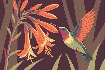 73 Vibrant hummingbird, iridescent feathers, neon orange flower, macro photography, bokeh background, colorful nature scene, intricate details, sharp focus, golden hour lighting, magical realism, fant