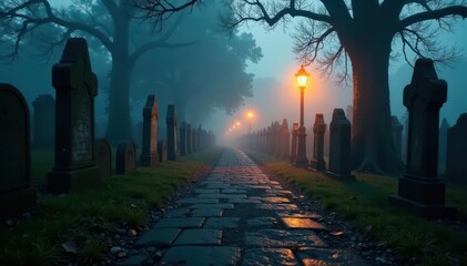Fog shrouds a lamplit cemetery path, ancient stones loom , mood, gloom