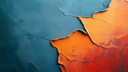Fototapeta premium Abstract cracked texture revealing orange and red underneath teal paint