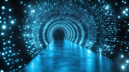Blue light tunnel, futuristic pathway, dark background, event backdrop