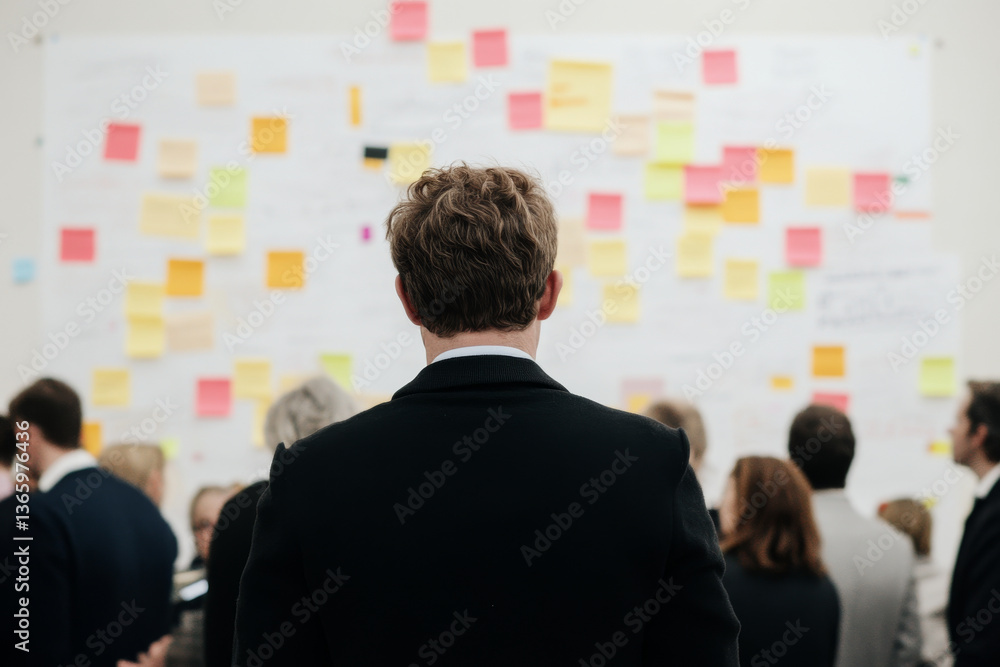 Aufkleber man in suit observes wall covered with colorful sticky notes during brainstorming session. atmospher