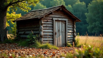 Rustic shed, weathered wood, pine needles, field edge, nature, brown