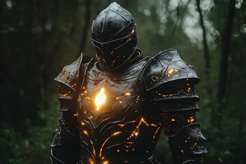Fototapeta premium Armor-clad figure stands in enchanted forest with glowing chest emblem during twilight