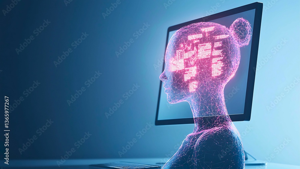 Aufkleber a digital render of a human silhouette with glowing brain activity superimposed on a computer screen