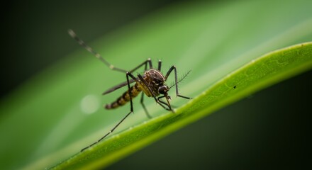 Naklejka premium Detailed view of a mosquito perched on a green leaf in natural setting
