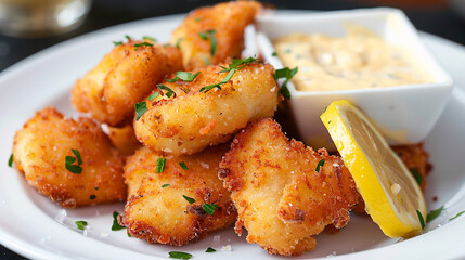 A plate of crispy golden-brown fried fish fillets garnished with herbs.