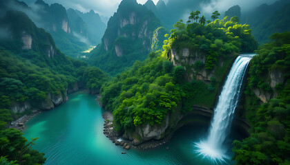Scenic Waterfall Flowing into Turquoise Lagoons Surrounded by Lush Green Mountains and Misty Peaks