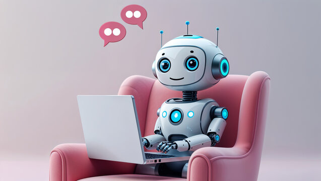 A friendly robot diligently works on its laptop, happily responding to messages in its cozy pink armchair, showcasing a cheerful and efficient digital assistance.