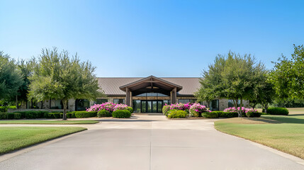 Obraz premium Exterior View Of A Modern Stone Building With Trees And Pink Flower Beds Under A Clear Blue Sky