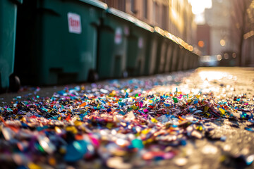 Ground covered in colorful confetti pieces, blurry background of green bins and sunlit street, suggesting aftermath of celebration or festival