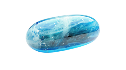 Blue capsule containing swirling liquid floating on transparent background