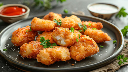 A plate of crispy golden-brown fried fish fillets garnished with herbs.