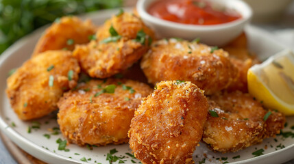A plate of crispy golden-brown fried fish fillets garnished with herbs.