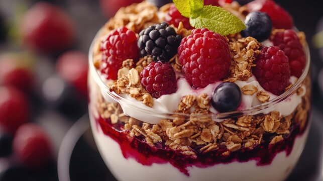 A close-up of a fruit parfait layered with yogurt, granola, and fresh mixed berries