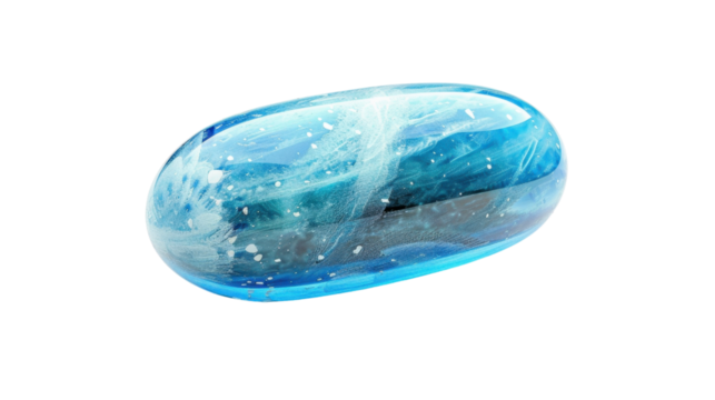 Blue capsule containing swirling liquid floating on transparent background
