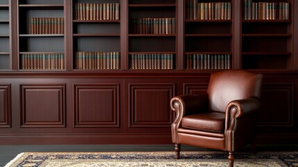 Classic library reading corner with dark mahogany bookshelves, leather chair, and vintage rug