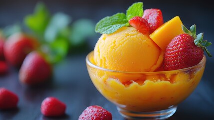 A refreshing sorbet made from fresh mango and strawberries, served in a glass bowl for a summer treat