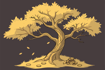 74 Golden tree of wealth, magical glowing leaves, coins scattered at base, twisted trunk, dark background, intricate details, fantasy art, luminous, metallic sheen, prosperity symbol, dramatic lightin