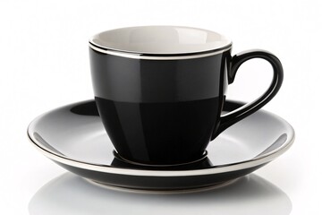 Elegant black coffee cup with matching saucer isolated on white background