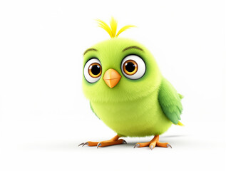 Obraz premium Adorable green cartoon bird with big expressive eyes and fluffy feathers, standing on a white background. Concept of cute animal character. Ai generative