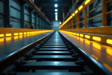 Fototapeta premium Close-up, polished tracks, sharp yellow illumination, sleek industrial space, metal, polished, rail