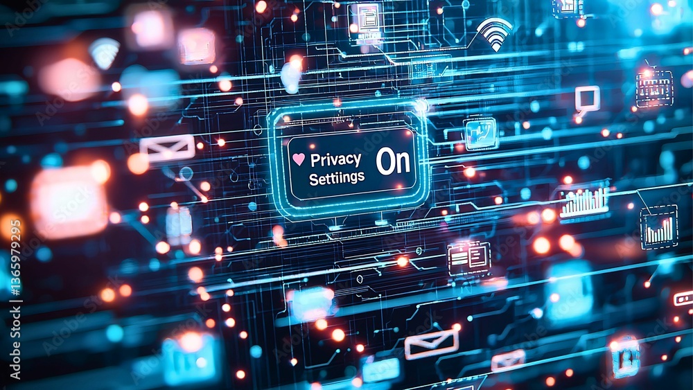 Poster a digital representation of a privacy setting being turned on, with icons and an illuminated interfa