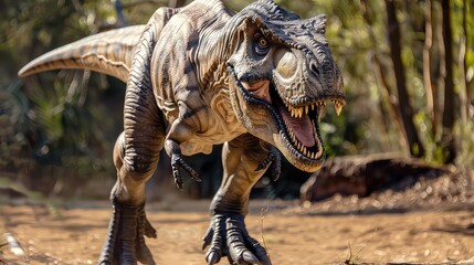 Realistic dinosaur model roaring in nature