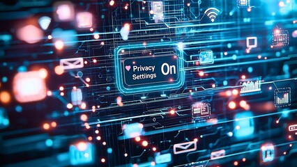 Obraz premium A digital representation of a privacy setting being turned on, with icons and an illuminated interface. This image represents security and connectivity in the digital world