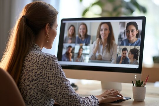 Female employee using computer screen for video conference chat with diverse colleagues, watching webinar, listening to team leader, boss, project manager speaking from monitor