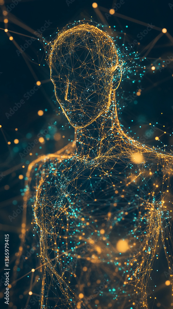 Poster abstract image of a human-like form composed of interconnected glowing lines and particles, suggesti