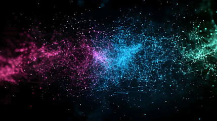 Fototapeta premium Abstract digital network of connected dots in pink blue and green colors against dark background with a sense of depth