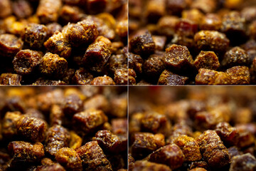 Collection of images with extreme close up of bee bread. Selective focus. Shallow depth of field