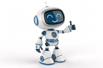 Friendly futuristic robot with a smiling face giving a thumbs-up gesture, isolated on white background