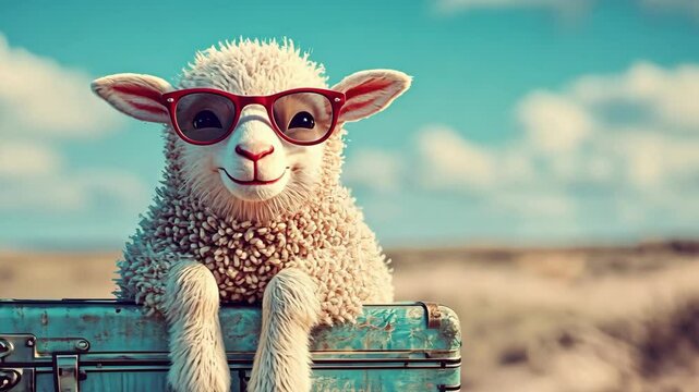 Playful lamb wearing glasses on vintage suitcases in sunny field. Eid al-Adha Mubarak. Kurban Bayram