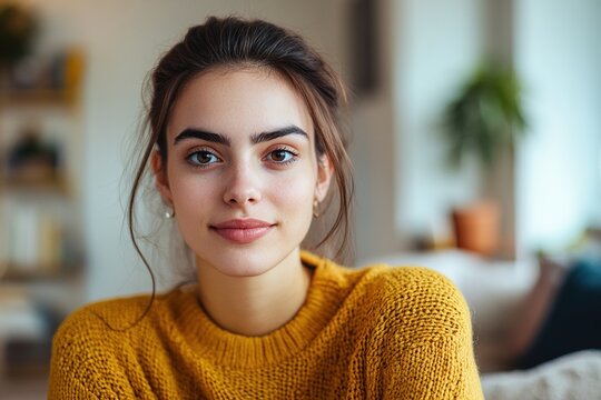Independent and confident millennial. Head shot portrait profile picture at social media of young casual beautiful woman student freelance worker posing at home looking at camera talking by video call