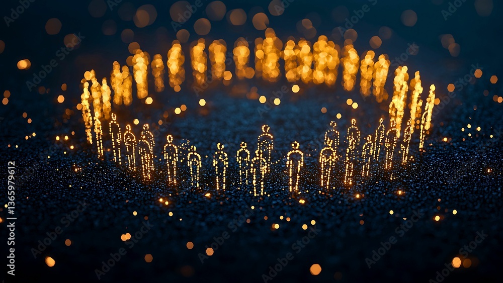 Poster a circular arrangement of glowing human figures suggesting unity and connection, on a dark backgroun
