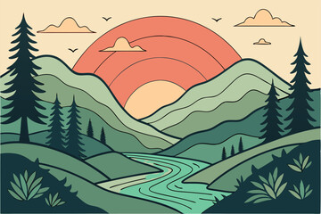 75 Scenic mountain landscape, layered paper art, sunset over valley, vibrant colors, textured terrain, origami-inspired, forest silhouettes, winding river, stylized clouds, 3D paper craft, warm color 